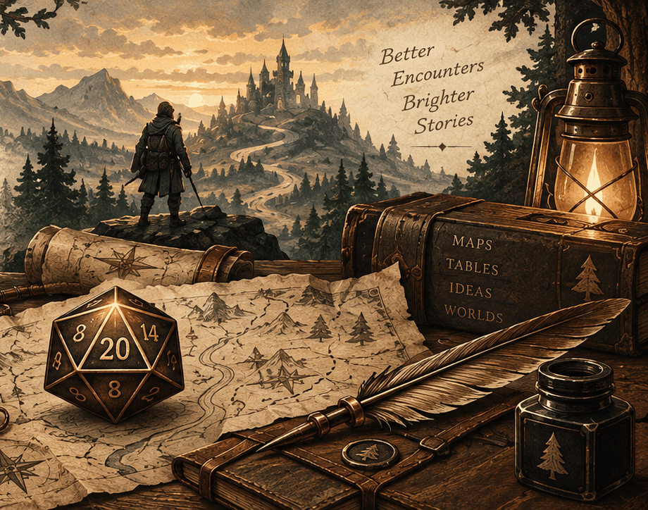 A cartographer's desk at dusk: a map spread beneath a lit twenty-sided die, with a compass, quill and inkwell beside it, and a lone traveller on a ridge looking toward a distant castle.
